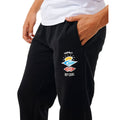Detalle del pantalón Rip Curl Icons of Surf negro, logotipo gráfico en la pierna y tejido de felpa suave.
