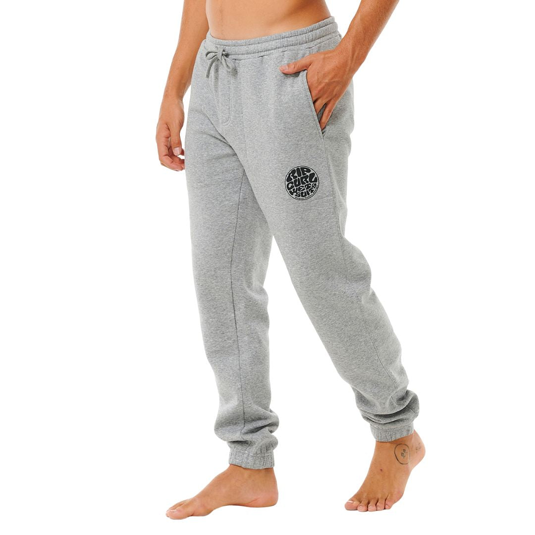 Vista lateral del pantalón Rip Curl Icons of Surf en gris jaspeado, con ajuste relajado y cintura con cordón ajustable.