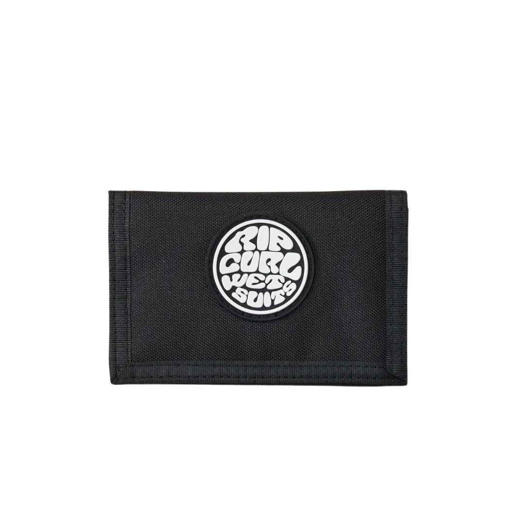 Cartera Rip Curl Icons Surf Wallet negra con logo redondo en la parte frontal.