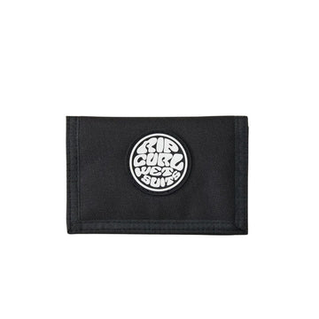 Cartera Rip Curl Icons Surf Wallet negra con logo redondo en la parte frontal.