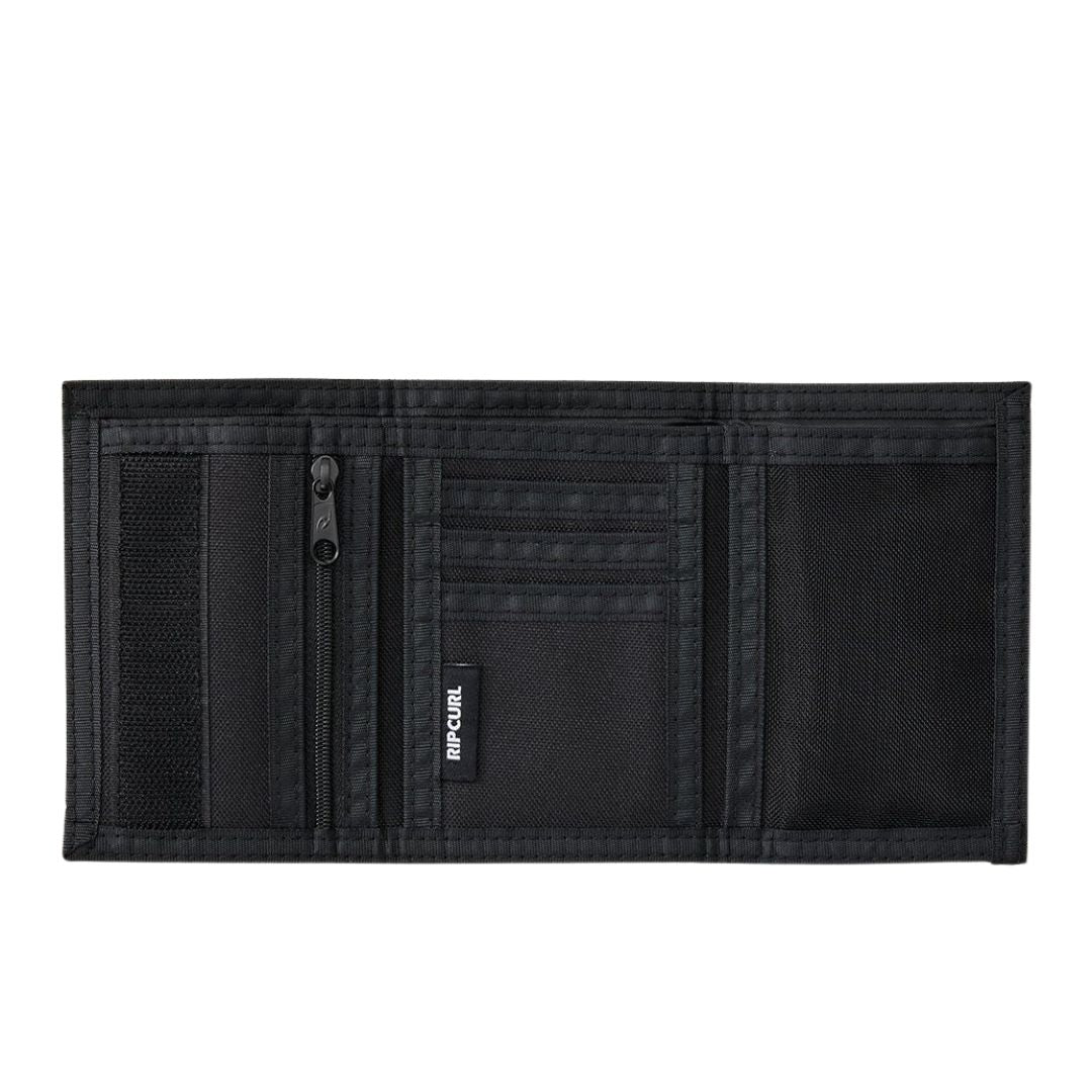 Rip Curl Icons Of Surf Wallet cartera surf Black abierta con compartimentos para tarjetas y bolsillo interior.