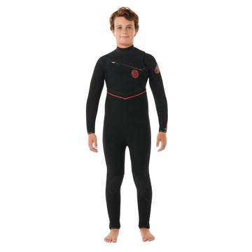 Vista frontal completa del neopreno Rip Curl Kids F-Bomb Fusion 4/3mm negro para surf en condiciones frías