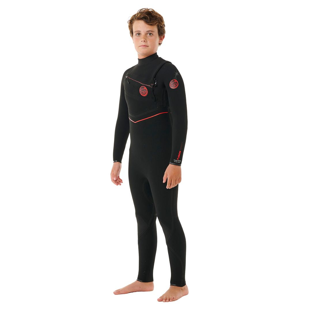 Vista lateral del traje Rip Curl Kids F-Bomb Fusion 4/3mm negro, diseño anatómico con costuras selladas