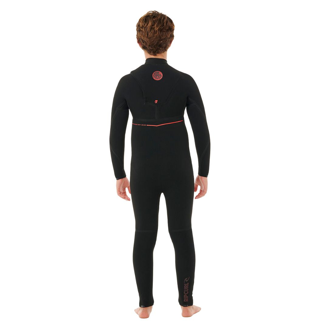 Vista trasera completa del neopreno Rip Curl Kids F-Bomb Fusion 4/3mm negro con logo Rip Curl en pierna