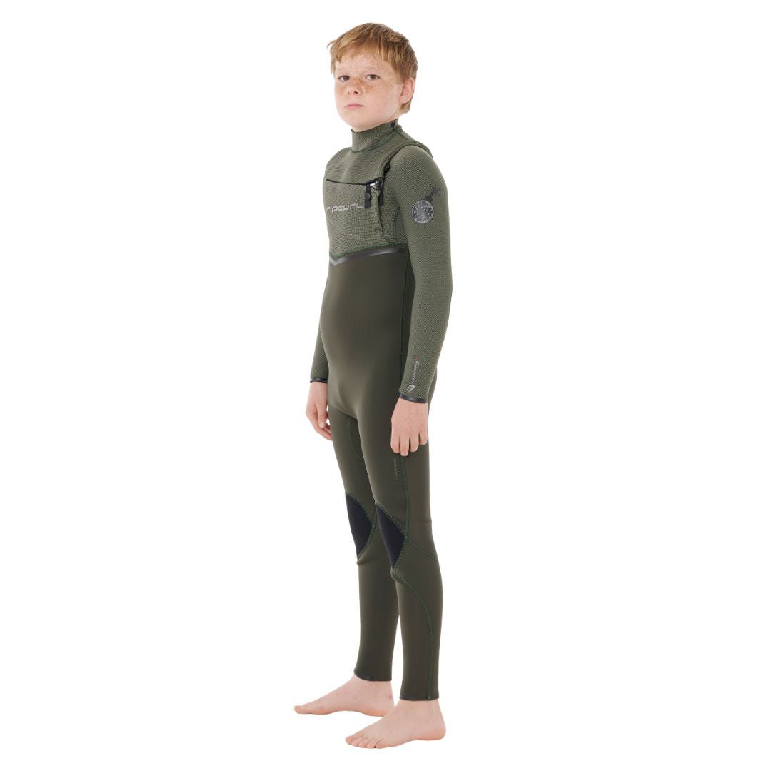 Traje de neopreno Rip Curl Flashbomb Pro 4/3 para niños, vista lateral mostrando paneles de flexibilidad y costuras reforzadas.