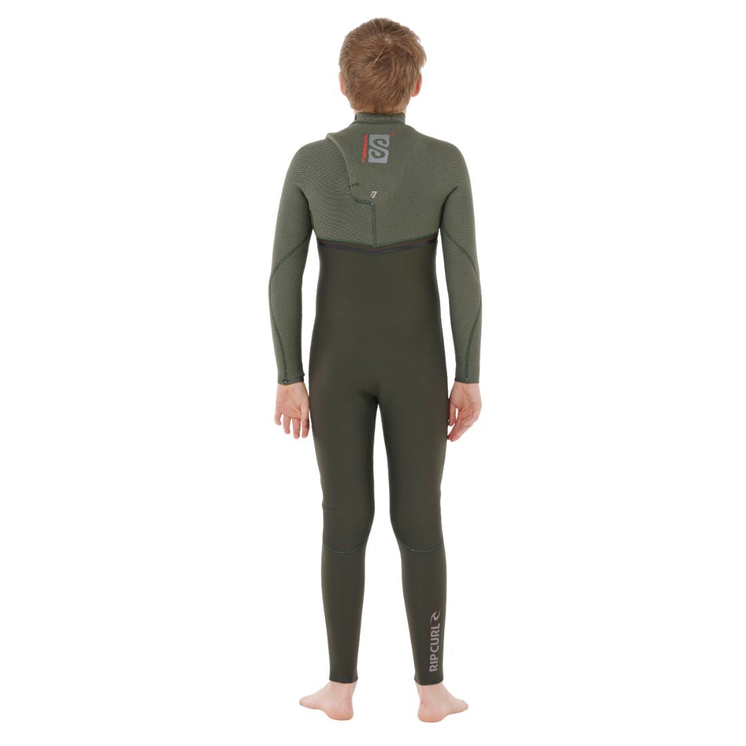 Vista trasera completa del traje de neopreno Rip Curl Flashbomb Pro 4/3 para niño, costuras termoselladas y logo Rip Curl.