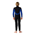 Rip Curl Kids Trad Back Zip 4/3 azul, vista trasera completa del traje de neopreno infantil con la cremallera y su cordón de tracción sobre el panel azul de la espalda.