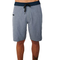 Boardshort azul marino Rip Curl Mirage Core Navy, cinturilla navy bicolor con cordón negro, tejido jaspeado gris azulado, vista frontal.