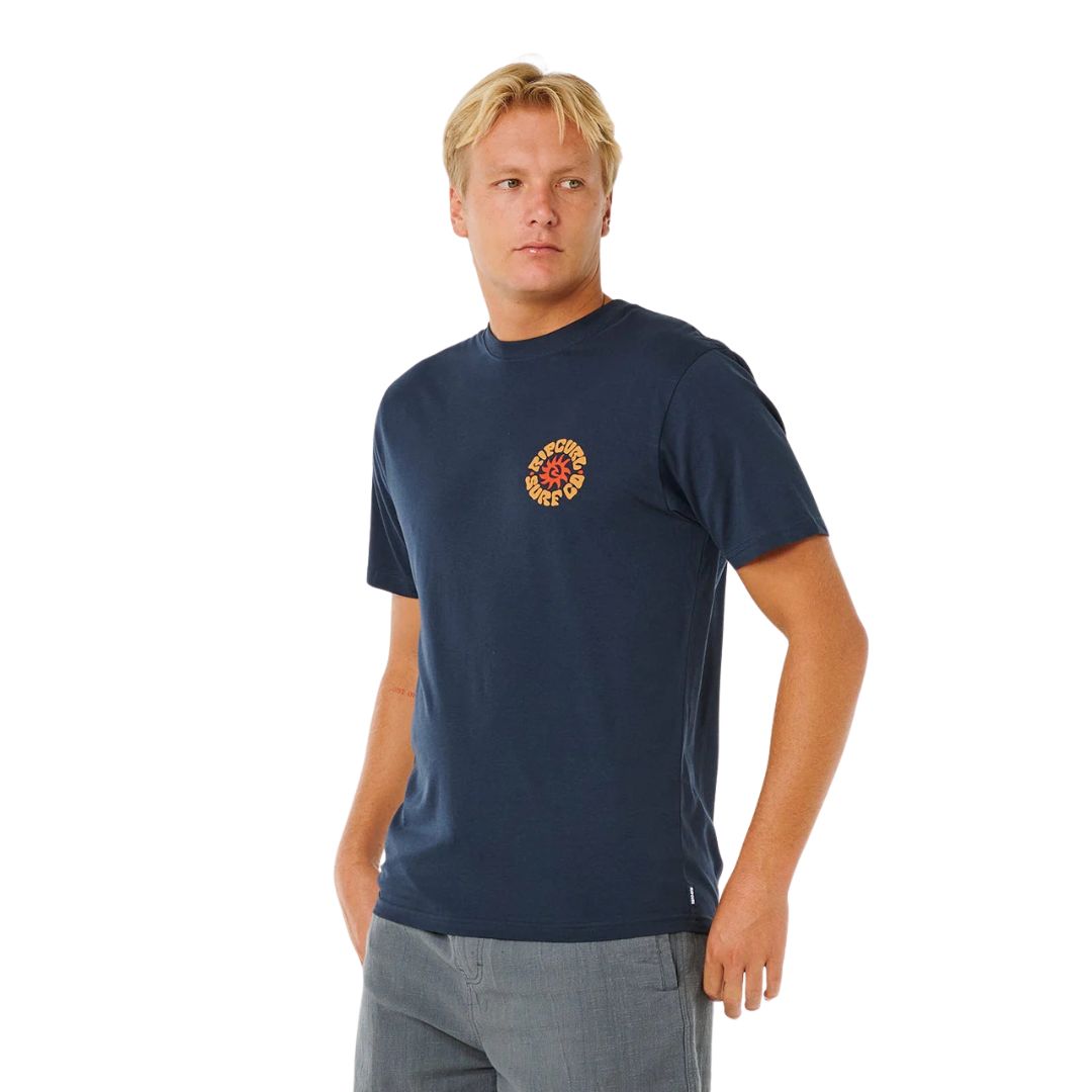 Camiseta RIP CURL Pacific Rinse Circle azul marino para hombre vista frontal completa estilo surf.