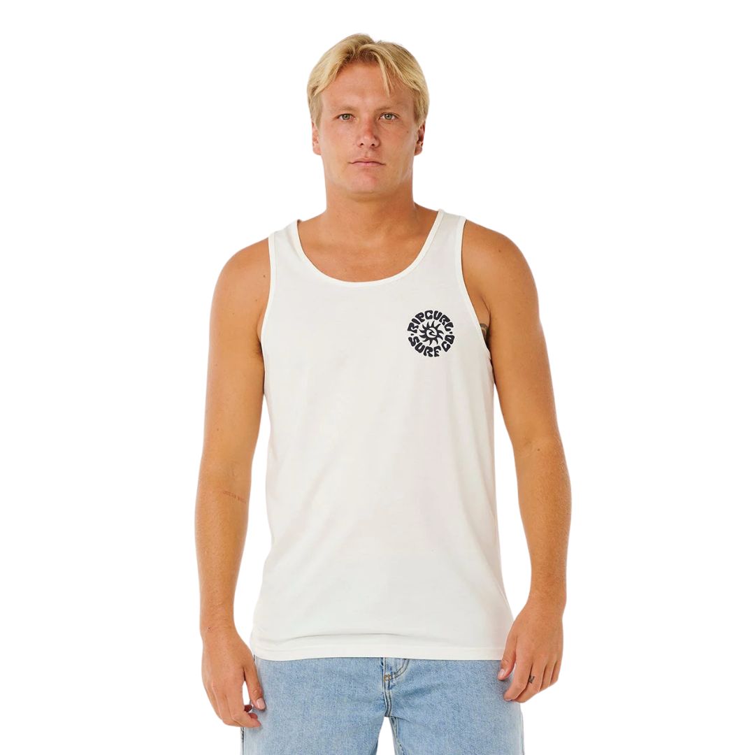 Camiseta de tirantes hombre Rip Curl Pacific Rinse Tank bone, vista frontal con estampado gráfico circular navy en pecho y corte tank fit holgado