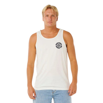 Camiseta de tirantes hombre Rip Curl Pacific Rinse Tank bone, vista frontal con estampado gráfico circular navy en pecho y corte tank fit holgado