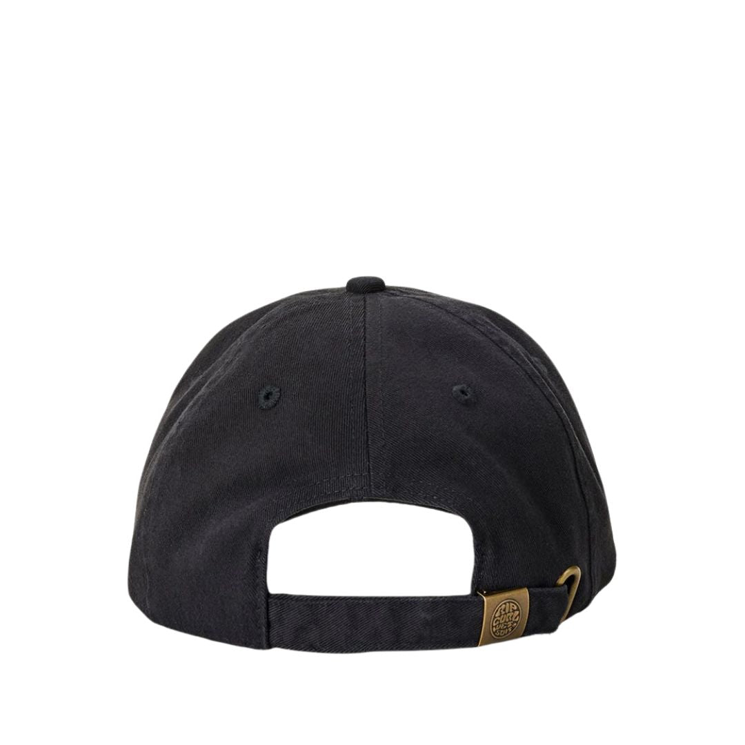 Rip Curl Premium Surf Adjustable Cap negra vista trasera con cierre ajustable metálico y diseño desestructurado.
