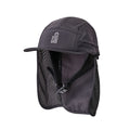 Rip Curl S-Series Surf Cap en negro lavado, vista lateral con solapa de cuello extendida, ventilación de malla y barboquejo de doble correa ajustable con cierre deslizante.