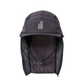 Rip Curl S-Series Surf Cap en negro lavado, vista frontal con solapa de cuello extendida, paneles de malla laterales y barboquejo de doble anclaje visible bajo la solapa.