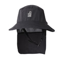 Sombrero de surf Rip Curl S-Series en negro, vista frontal con solapa de cuello extendida, ventilación de malla y barboquejo regulable visible.