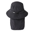 Rip Curl S-Series Surf Hat negro, vista trasera con solapa de cuello extraída, cordón ajustador de la corona y etiqueta Search Series sobre el ala cosida.
