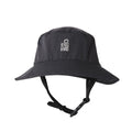 Rip Curl S-Series Surf Hat negro, vista frontal sin solapa de cuello, con ala flotante Bloom™ perfilada, ventilación de malla y barboquejo ajustable cruzado.