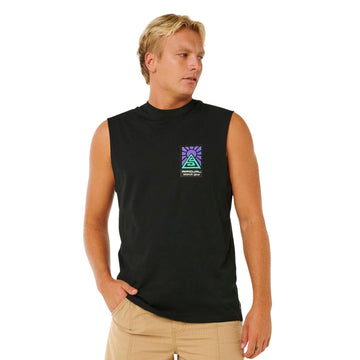 Camiseta de tirantes negra Rip Curl Search Dawn Muscle, corte muscle fit, con estampado Search Gear en pecho izquierdo, vista frontal.
