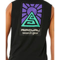 Detalle del estampado trasero Rip Curl Search Dawn Muscle negro: logo triangular verde menta con sol morado y texto Search Gear en blanco.
