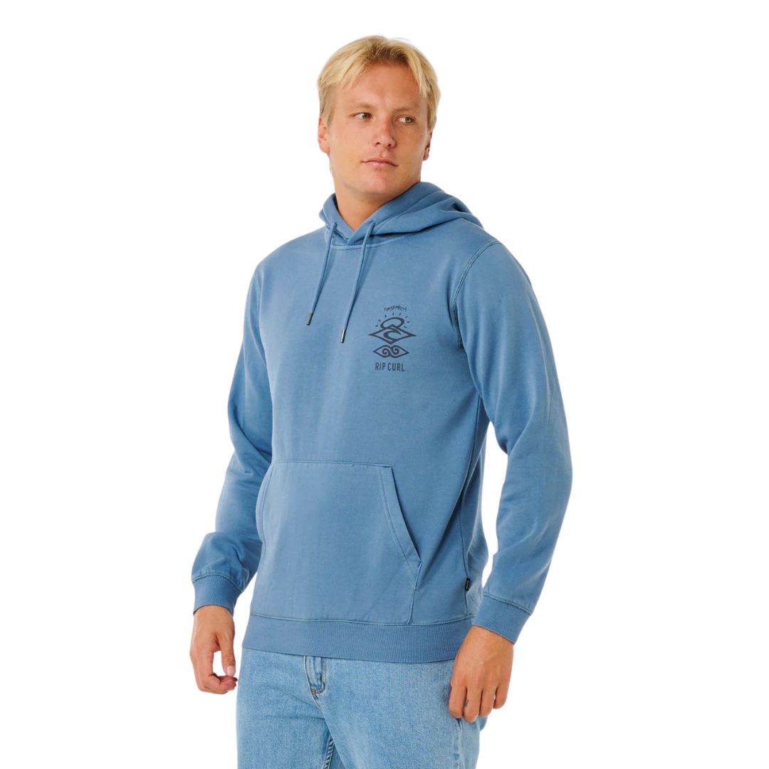 sudadera Rip Curl Search Icon Hoodie bluefin vista lateral con capucha y bolsillo canguro.