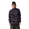 Chaqueta Rip Curl Sessions Polar Fleece en Black con estampado allover morado y rosa, vista frontal completa con cremallera subida y gorro a juego.