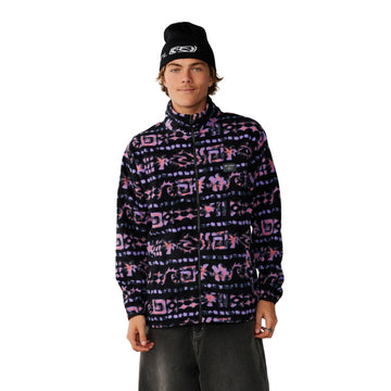Chaqueta Rip Curl Sessions Polar Fleece en Black con estampado allover morado y rosa, vista frontal completa con cremallera subida y gorro a juego.
