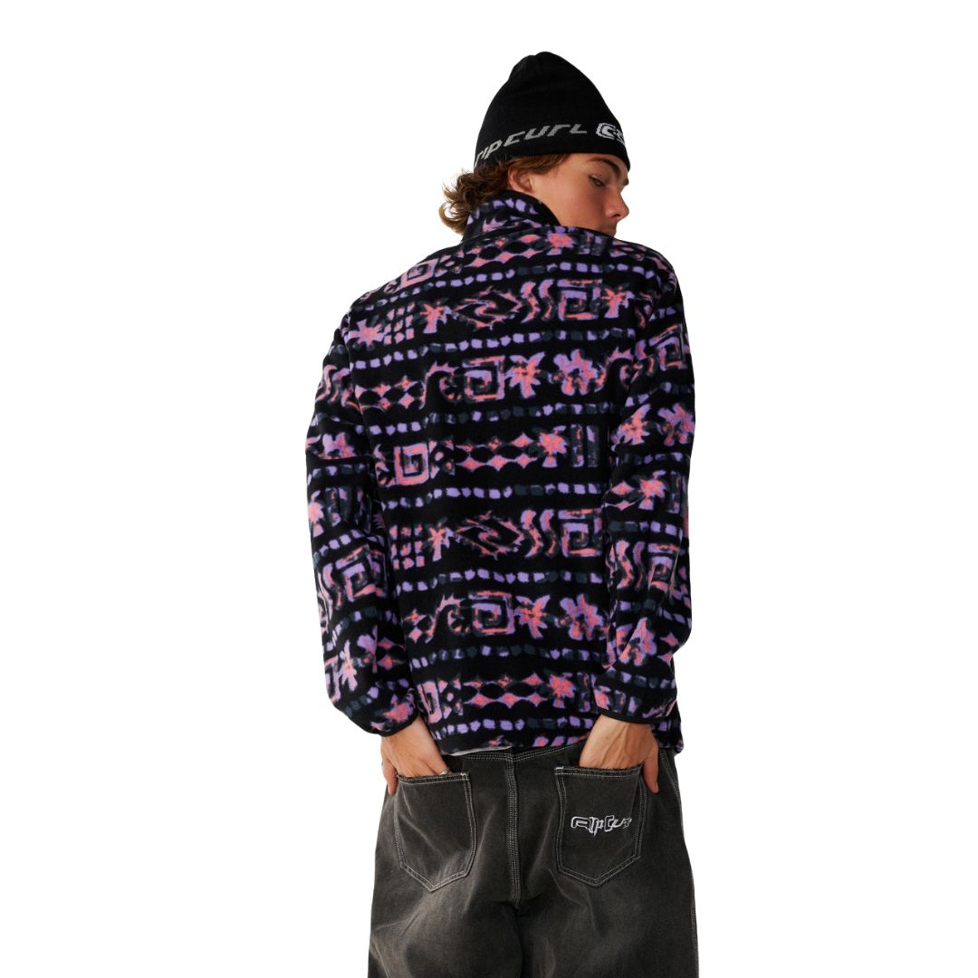 Rip Curl Sessions Polar Fleece en Black, vista trasera completa, mostrando el estampado allover de inspiración retro en toda la prenda.