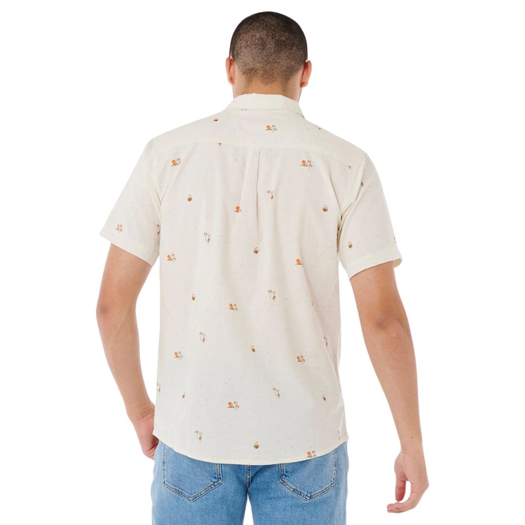 Rip Curl Skelly Breach camisa manga corta off white vista trasera con estampado surf discreto.
