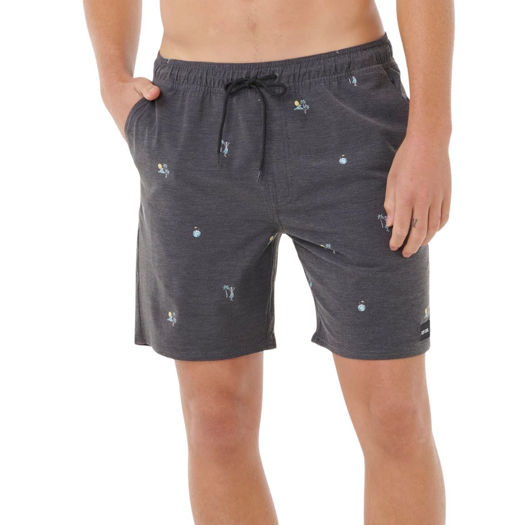 Bañador surf hombre Rip Curl Skelly Breach Volley negro, vista frontal tres cuartos con estampado yardage skelly surf, cordón negro y etiqueta Rip Curl.