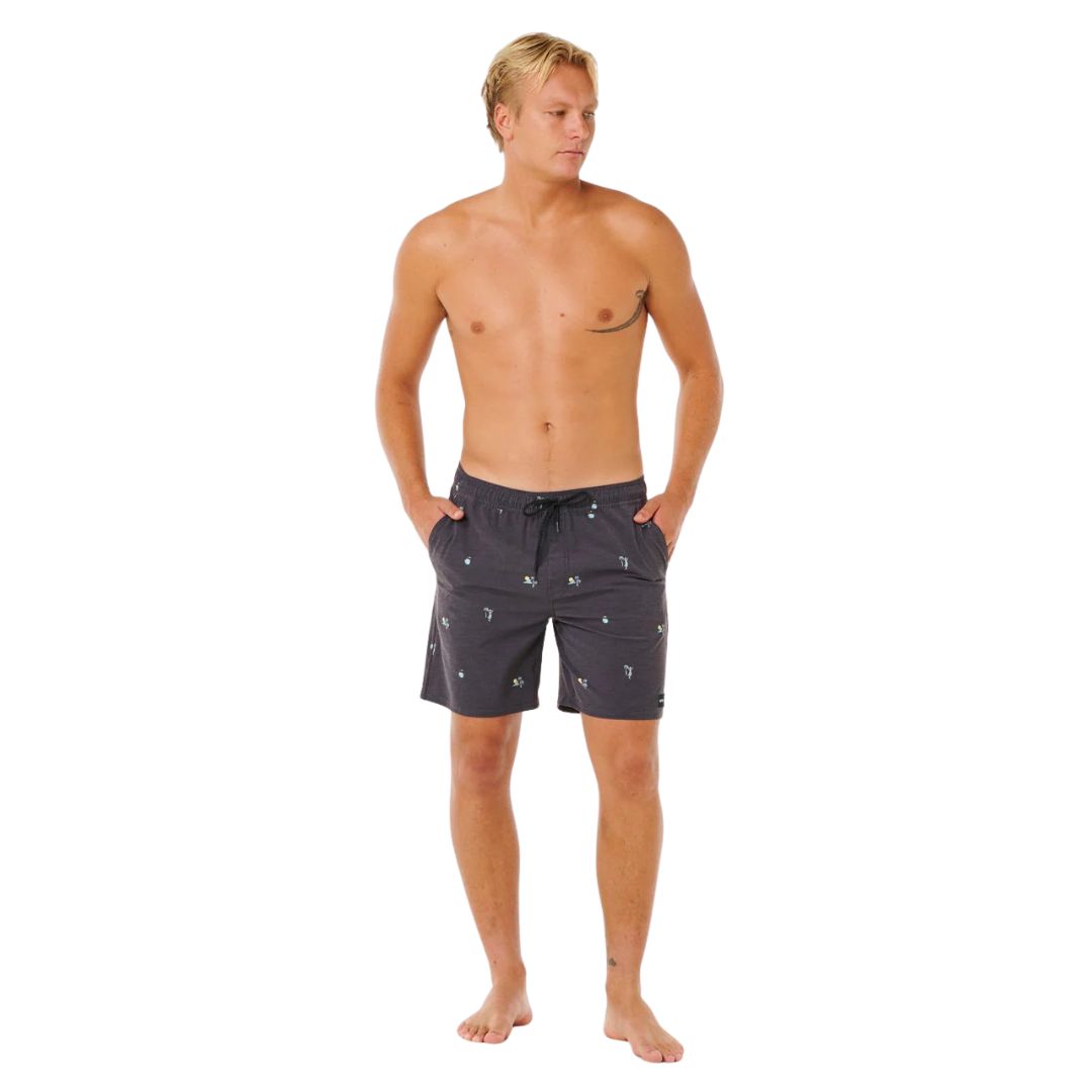 Bañador surf hombre Rip Curl Skelly Breach Volley negro, vista frontal completa con estampado yardage skelly surf, cordón negro y volley fit 18 pulgadas,