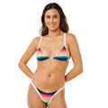 Top bikini triángulo fijo surf Rip Curl Surf Stripe dark navy, vista frontal con rayas arcoíris multicolor, tirantes blancos y conjunto coordinado.