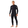 Traje de surf RIP CURL TRAD BZ 4/3 en negro, vista frontal en ángulo mostrando el ajuste ergonómico del neopreno y las rodilleras reforzadas en las piernas.