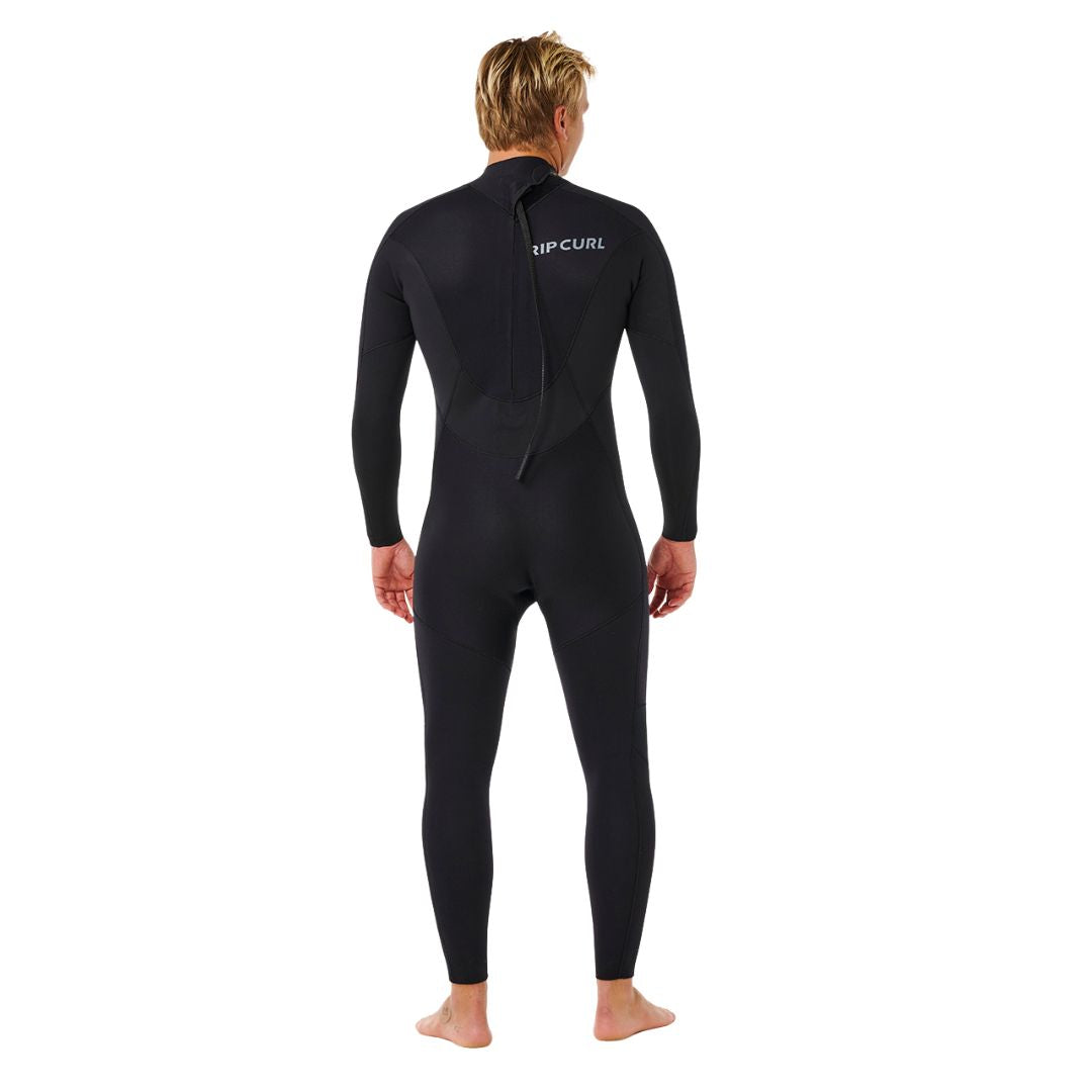 Traje de neopreno RIP CURL TRAD BZ 4/3 en negro, vista trasera completa con cierre de cremallera vertical y cordón de apertura, logotipo RIPCURL en la espalda.