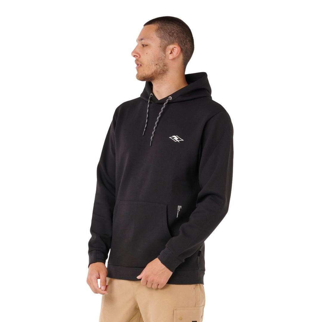 Vista lateral izquierda de la sudadera Rip Curl VaporCool Mick Fanning negra, modelo en perfil medio.