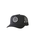Gorra Rip Curl Wetsuit Icon Trucker negra con logotipo blanco y visera curva clásica.