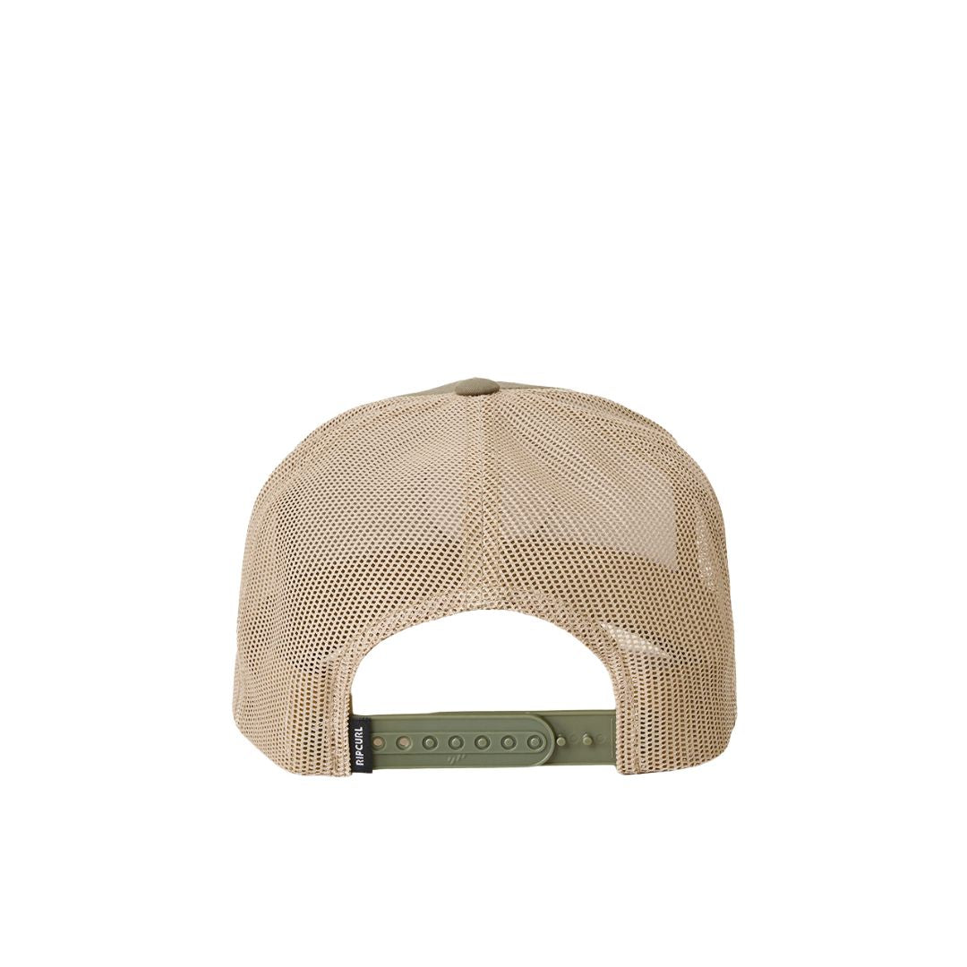 Parte trasera de la gorra Rip Curl Wetsuit Icon Trucker verde oliva con cierre ajustable tipo snapback.