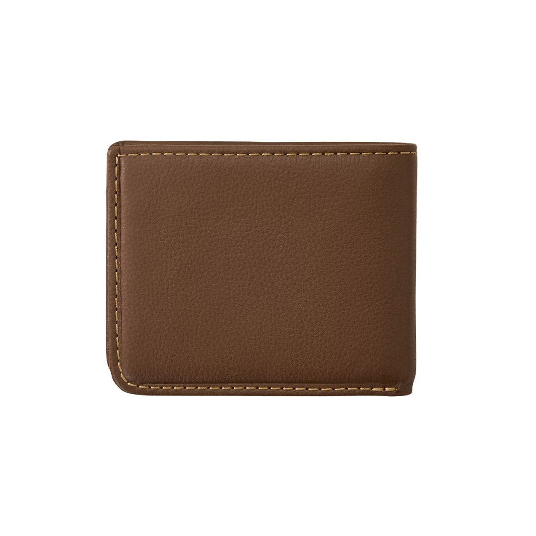 Cartera Rip Curl Wetsuit Logo RFID All Day en marrón, vista trasera exterior con acabado en piel lisa.