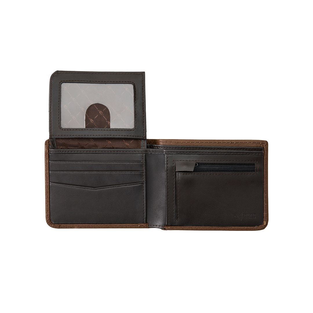 Cartera Rip Curl RFID All Day abierta en color marrón, con múltiples compartimentos para tarjetas y ventana para DNI.