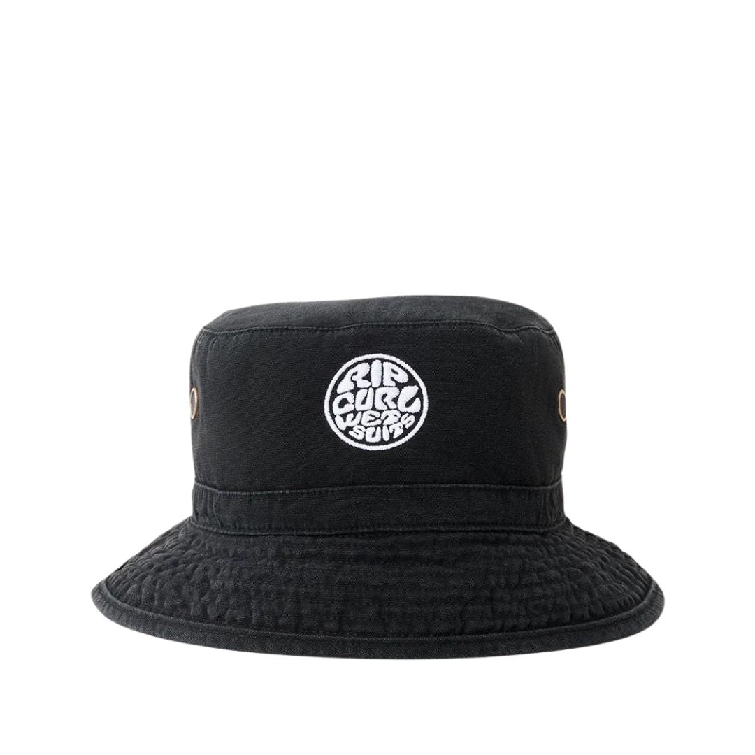 Sombrero pescador Rip Curl Wettie Icon Bucket Hat negro con logo bordado frontal.