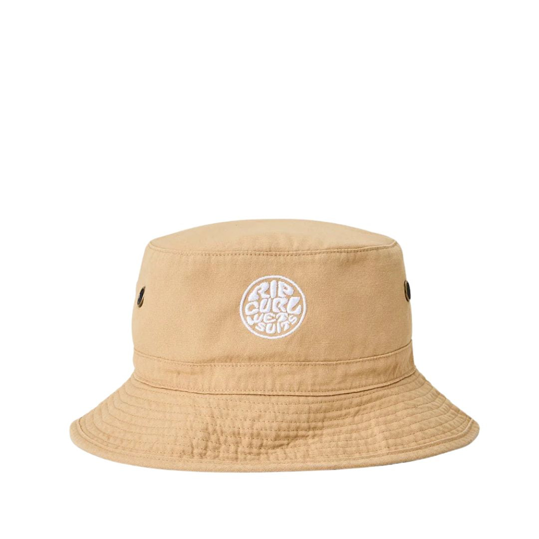 Sombrero pescador Rip Curl Wettie Icon Bucket Hat color khaki con logo bordado.