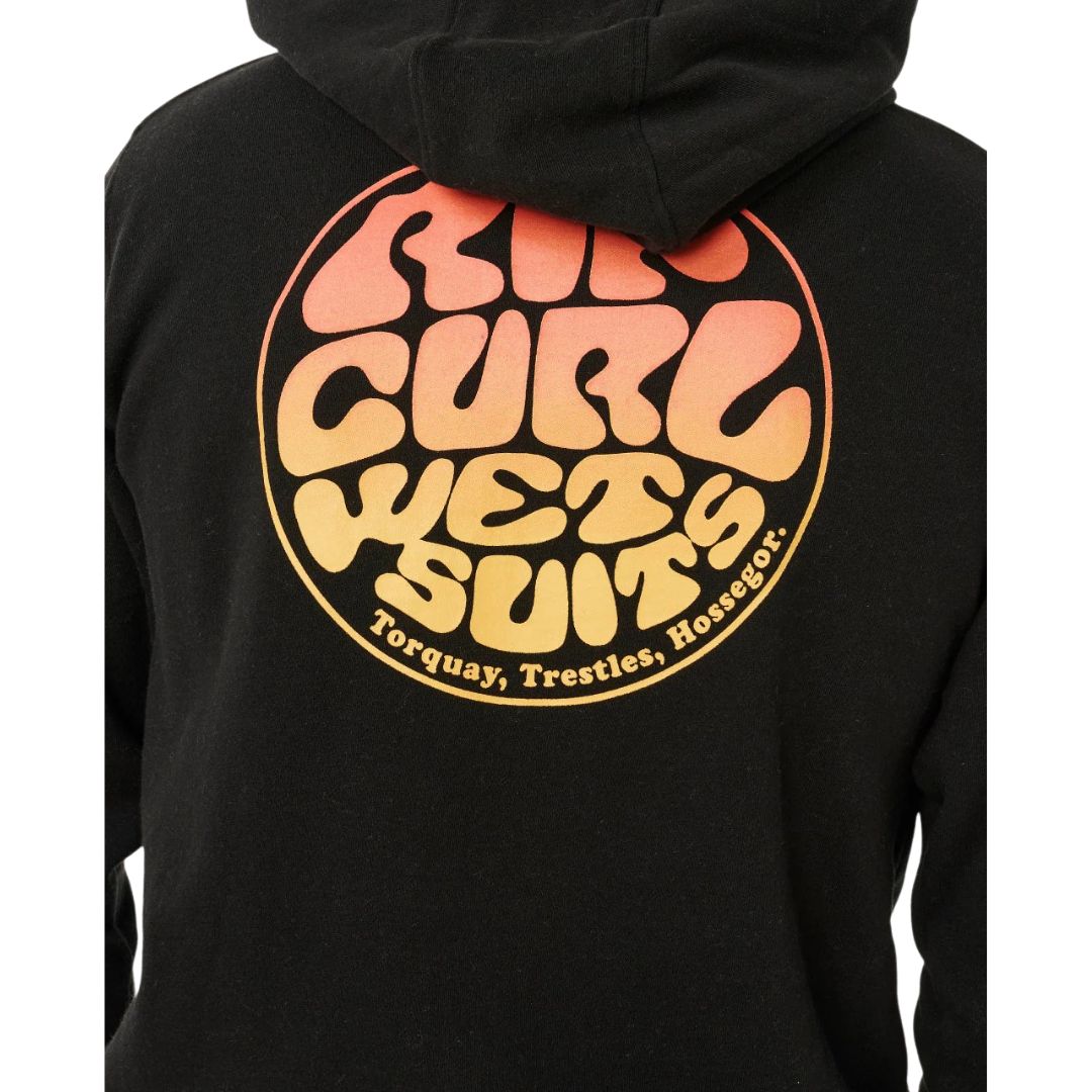 Rip Curl Wettie Passage Icon Zip Through hoodie negra detalle del estampado Rip Curl Wetsuits en la espalda.