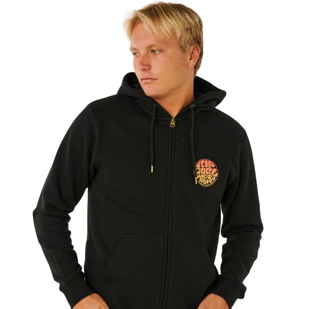 Rip Curl Wettie Passage Icon Zip Through sudadera con capucha y cremallera para hombre color negro con logo surf en el pecho.
