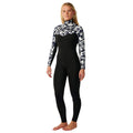 Rip Curl Dawn Patrol Pro Chest Zip 4/3 en Black/White, vista frontal completa con el estampado floral azul marino y blanco contrastando con las piernas negras.