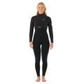 Rip Curl E-Bomb Zip Free 4/3 en color negro, traje de neopreno mujer visto de frente completo, con entrada sin cremallera y parche circular Rip Curl en el pecho.