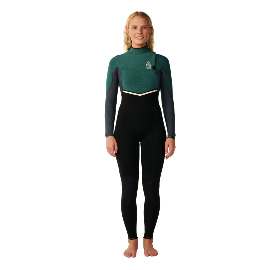 Rip Curl E-Bomb Zip Free en color verde oscuro, traje de neopreno mujer visto de frente completo, con panel negro inferior y logo apilado Rip Curl en el pecho.