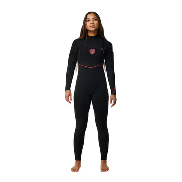 Rip Curl F-Bomb Fusion Chest Zip 4/3 en color negro, traje de neopreno mujer visto de frente completo, con cremallera diagonal en el pecho y detalles en rojo.