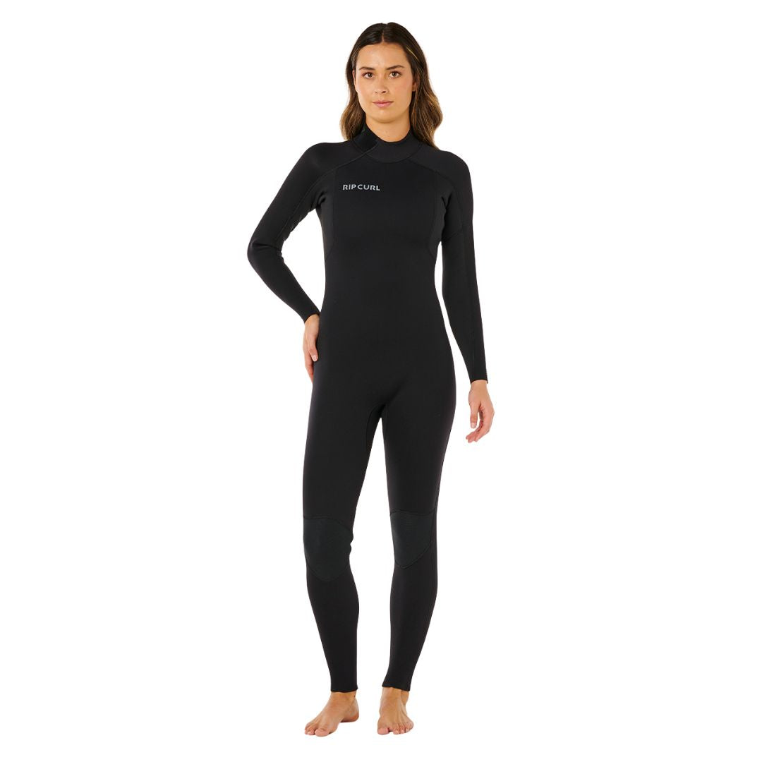 Traje de neopreno RIP CURL WMS TRAD BZ 4/3 en negro, vista frontal completa sobre fondo blanco. Ajuste anatómico de cuerpo entero con rodilleras reforzadas para surf en agua fría.