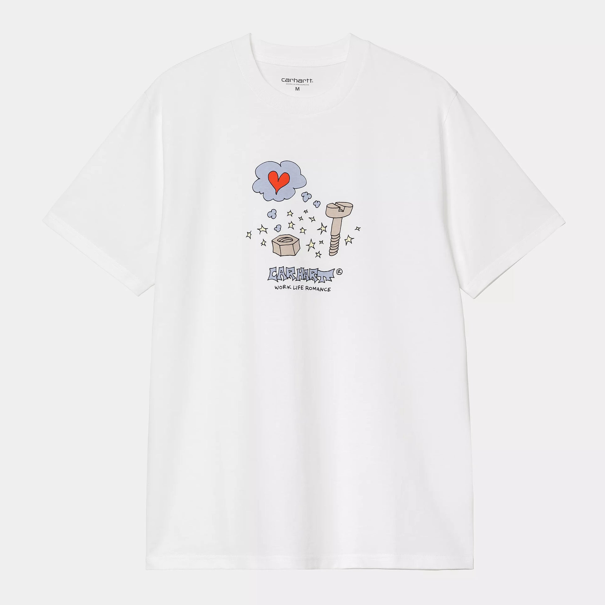 Camiseta blanca Carhartt WIP S/S Work Life Romance T-Shirt con ilustración gráfica central y logo de la marca en el pecho