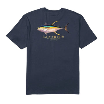 Diseño posterior de la camiseta Salty Crew Ahi Classic con una ilustración detallada y realista de un atún Ahi (Yellowfin Tuna) sobre el lema "Find Refuge in the Sea".