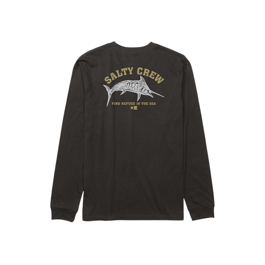 Camiseta negra de manga larga Salty Crew Bill Fishing LS Tee con estampado de pez vela en la espalda y texto 'Find Refuge in the Sea.
